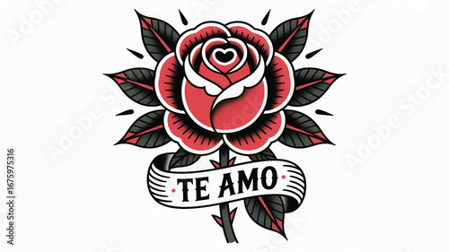 A red rose with bold tattoo lines cradles a white dove at its heart, wings forming a love-shaped arc. Below, a ribbon reads “TE AMO”—a timeless fusion of peace, passion, and devotion in inked symmetry