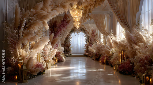 Décor élégant avec des fleurs séchées et des lanternes dans un couloir lumineux pour un événement spécial