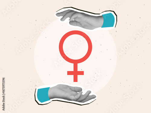 Black and white hands holding a gender female symbol. Venus sign in hands. Modern collage style. Vector illustration