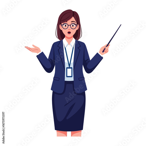 Educator's Eureka Moment: A surprised woman, adorned in professional attire, points a wooden stick and wears glasses, radiating knowledge and astonishment, perfect for conveying educational insights.