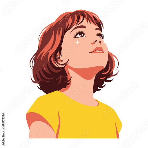 Dreamer's Gaze: A vibrant illustration depicts a young girl looking upward, eyes sparkling with wonder and hope, her gaze reaching for the boundless sky above. 