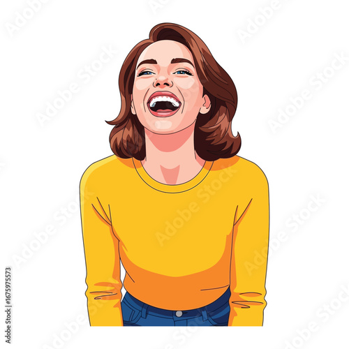 Joyful Woman: A portrait of unbridled joy, captured in a vibrant illustration of a smiling woman. Her animated expression radiates pure happiness and a cheerful spirit.
