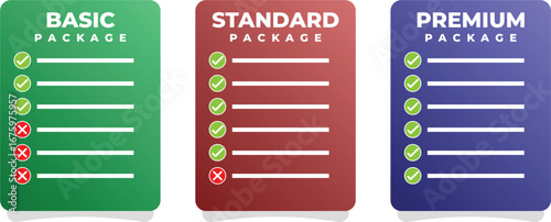 Pricing package comparison chart vector template – basic, standard, premium plan options with checklist design