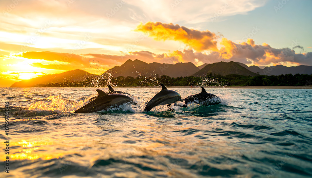 Fototapeta premium Playful Dolphins Leaping Through the Ocean Waves at a Golden Sunset