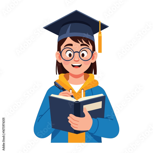 Student in Gown Writing: A bright student in a cap and gown, glasses, is deep in thought, taking notes. the image of education and achievement.
