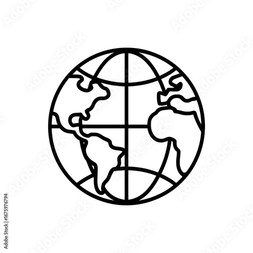 Simple Black and White Globe Icon Representation of the World with Continents and Meridians for Global Concepts and Cartography