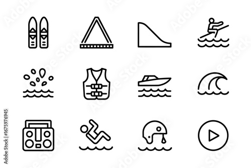Line art icons for watersports and recreation including skiing wakeboarding boating and water safety vector set