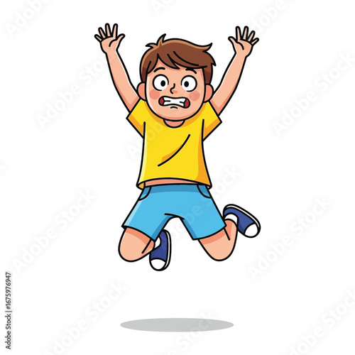 Fearful Flight: A cartoon illustration of a young boy's flight or jump, showcasing a moment of fear, panic, or exhilaration. Hands up, expression of fear, and suspended in mid-air