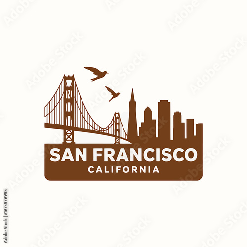 San Francisco California Skyline Design Vector Illustration of Famous Landmarks and Golden Gate Bridge with Birds Flying Over