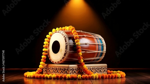 Traditional indian dholak drums adorned with marigold flowers on a pedestal, illuminated by warm spotlights, evoking a sense of cultural celebration and spiritual ambiance