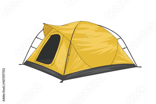 Isolated Yellow Camping Tent Illustration for Outdoor Adventures and Wilderness Exploration and Backpacking Equipment Ready for a Remote Wilderness Experience