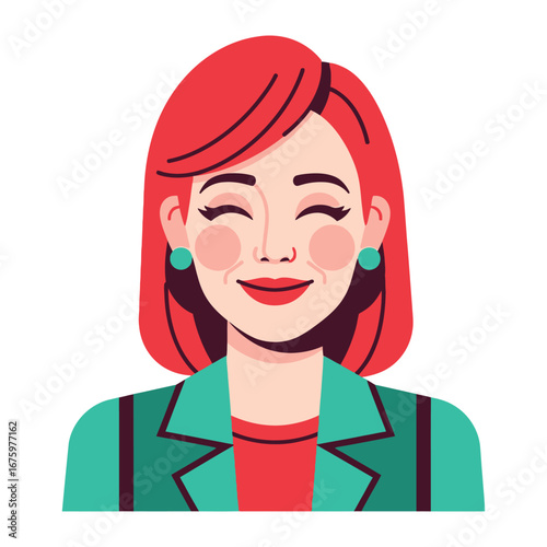Smiling Lady Portrait: A cheerful woman in a bright and flat illustration, radiating positivity with her closed-eye smile and vibrant attire.