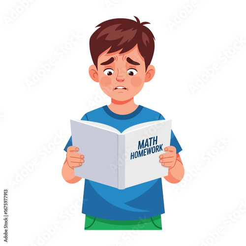 Math Homework Woes: A young student is struggling with math homework, his furrowed brow and worried expression reflect the challenge, capturing a moment of childhood educational hardship.