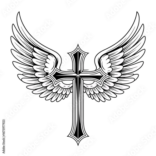 Elegant Cross with Angel Wings Symbolic Religious Art Depicting Faith and Spirituality in Black and White Design