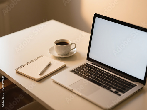 Modern minimalist workspace featuring an open laptop with blank screen, spiral notebook with pen, and a cup of black coffee on a clean desk. Concept of remote work, freelance lifestyle, productivity