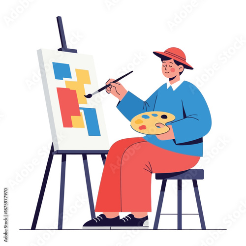 Creative Canvas: An artist, in a comfortable attire, is immersed in the creative process, bringing an abstract artwork to life on the canvas.