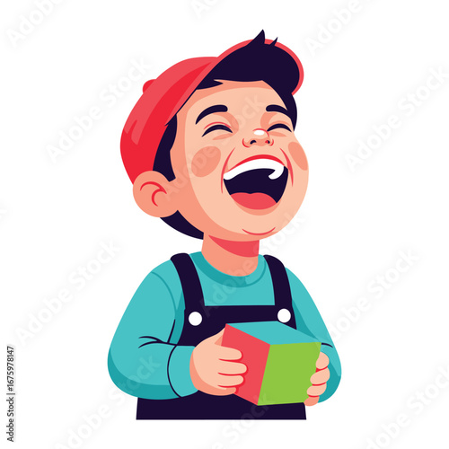 Joyful Boy's Playtime: A cheerful cartoon depiction of a boy, eyes closed in unrestrained mirth as he holds a vibrant toy cube, symbolizing the innocence and wonder of childhood.