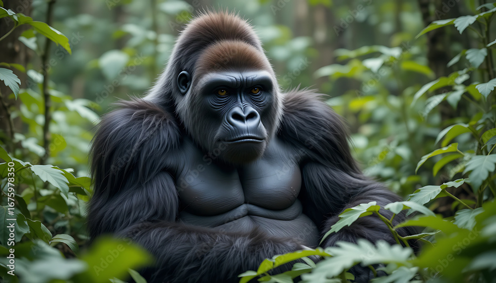 Obraz premium Powerful gorilla in its natural habitat, surrounded by lush jungle foliage, showcasing its strength and intelligence in the heart of the african forest