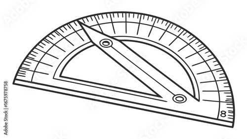Illustration of a protractor with a rotating arm and degree markings for angle measurement tool