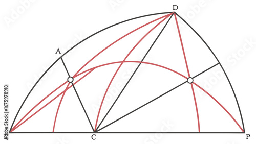 Geometric diagram featuring a semicircle with intersecting lines and arcs in black and red color