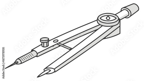 Illustration of a drafting compass tool with two pointed legs and adjustment knobs for drawing circles