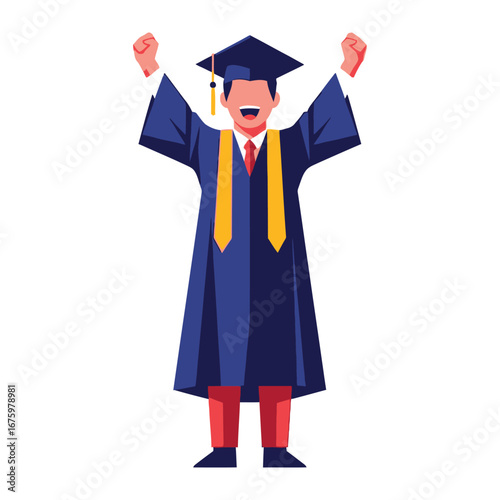 A Symbol of Victory: Illustration of a triumphant graduate in cap and gown celebrates a pivotal life moment with jubilant elation. Capturing the essence of academic accomplishment.
