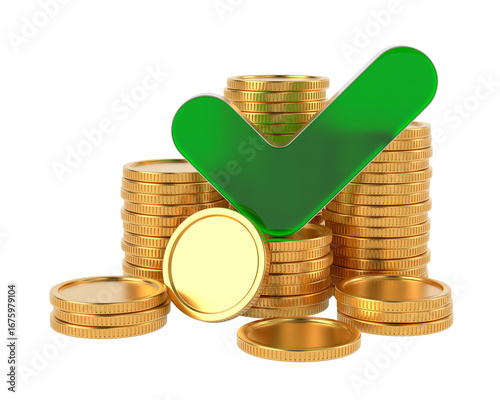 Golden coins and check mark on white background. Isolated 3D illustration