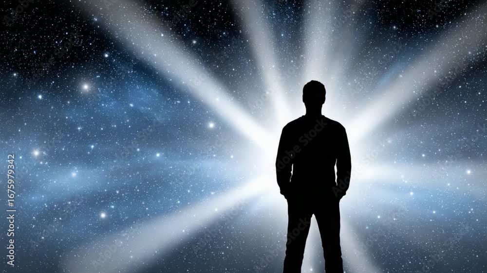 Ephemeral Luminescence: A silhouette of an individual stands boldly against a cosmic background, embodying hope and the exploration of the unknown. The light, a beacon of possibility.