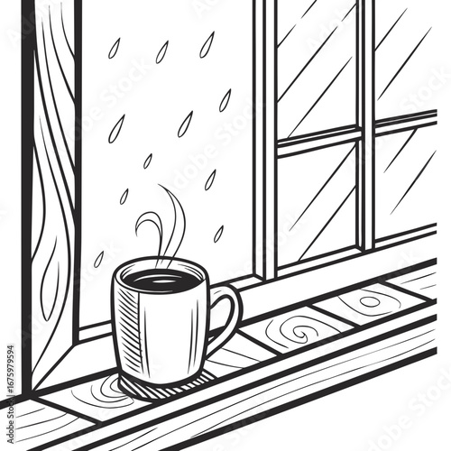 Cozy coffee cup resting on a wooden windowsill, with raindrops on glass, creating a warm atmosphere perfect for relaxation and contemplation during rainy days