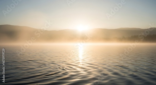 Sunrise Over Misty Lake with Rippling Water.