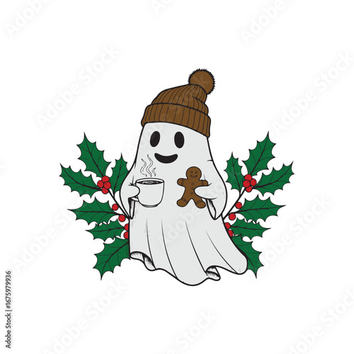 Festive ghost wearing a hat enjoys a cup of coffee and holds a gingerbread cookie, surrounded by holly berries. Halloween christmas Festival.
