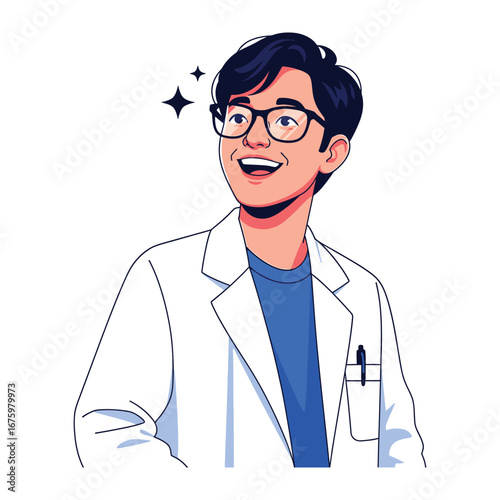 Inspired Scientist's Vision: A vibrant portrait of a smiling scientist in a lab coat, glasses and glasses, representing inspiration, intelligence, and the promise of discovery.