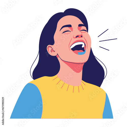 Joyful Expression: Vibrant illustration of a woman overcome with laughter, radiating positivity and pure happiness. 