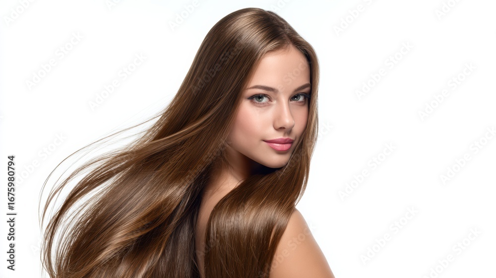 Fototapeta premium A beautiful young woman with long, flowing hair, showcasing elegance and confidence in a bright and airy setting.