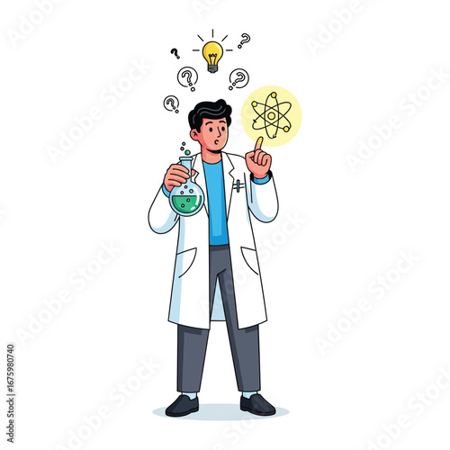 Eureka moment: A scientist in a lab coat, filled with a moment of insight, staring at atom structure with a light bulb representing innovative science idea.