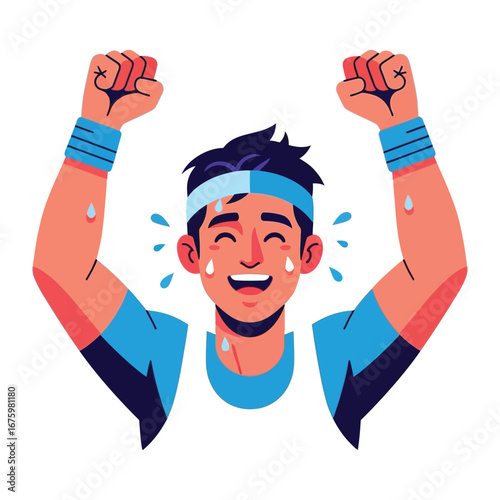 Athlete's Triumph: A jubilant athlete raises their arms in triumphant celebration after a vigorous workout, his face beaming with pure elation and sweat after intense exercise