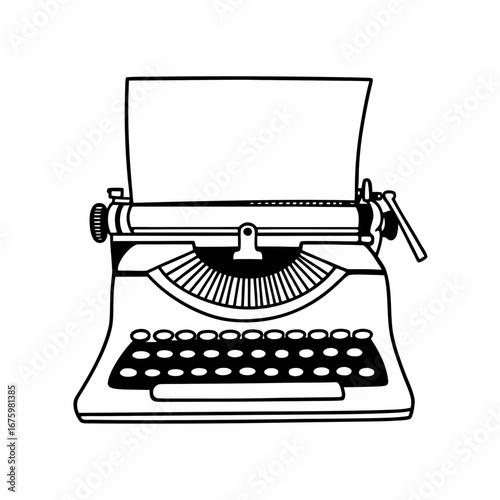 A black and white line drawing of an old fashioned typewriter with a blank paper inserted ready to type created with generated ai