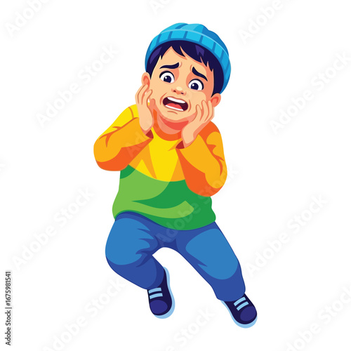 Fearful Young Boy: A digitally rendered illustration presents a scared young boy, face etched with fear, hands clutched to his cheeks, expressing vulnerability.