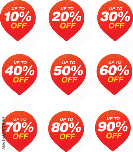 PrintRed sale price tags featuring discounts from 10% to 90% off percentages for promotional advertising vector