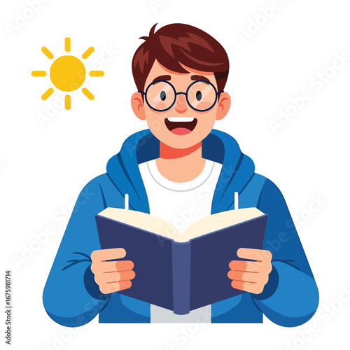 Young Reader's Literary Voyage: An illustration of a young man, illuminated by sunshine, engrossed in a book, personifying the joy of reading and the allure of literature.