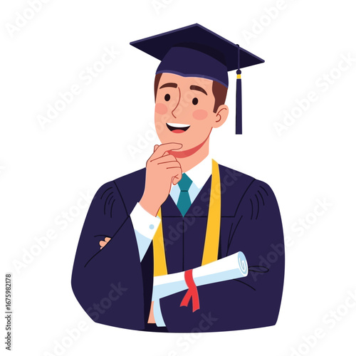 Graduation Reflection: A young graduate, filled with a mix of pride and anticipation, stands thoughtfully, holding a diploma, ready for the future.