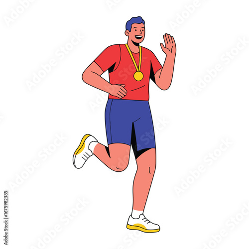 Champion Runner's Victorious Stride: Witness the exhilaration of a champion runner, medals, as he bounds forward in a vector illustration of sportsmanship and triumph.