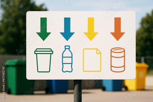 Wallpaper Mural Recycling sign with colorful waste separation symbols and arrows for cups, bottles, paper, and cans on white board in outdoor environment. Ai generative Torontodigital.ca