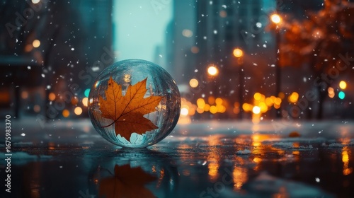 Frozen autumn leaf in a glass sphere on a snowy city street.