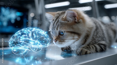 Cat gazes intently at a glowing digital brain representation in a modern tech environment