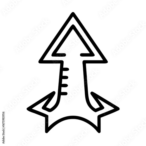 Stylized arrow pointing up with side projections and internal markings in black outline on a white background