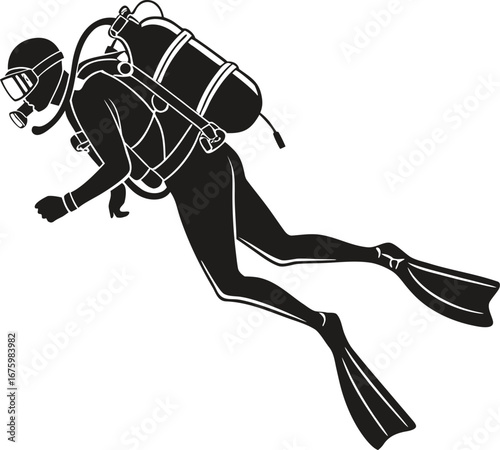 Scuba Diver Silhouette Icon Underwater Exploration, Diving Adventure, Snorkel Mask, Fins, Oxygen Tank, Marine Travel Vector