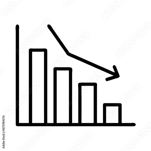 Declining bar graph with a downward arrow indicating negative trend and financial loss in business analysis