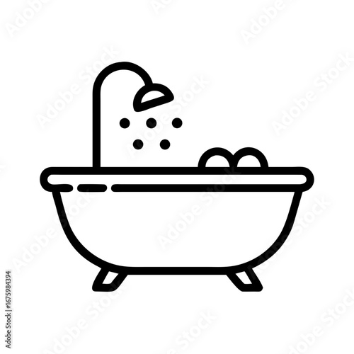 Illustration of a bathtub with running water and bubbles in a simple black outline style on white background