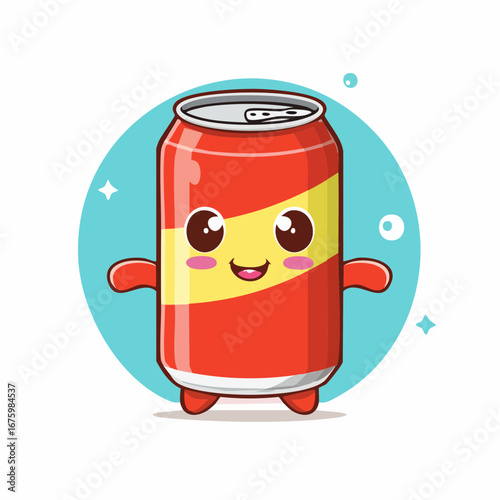 Cute soda can cartoon character with a happy smiling face. Kawaii soft drink beverage mascot illustration isolated on a blue background